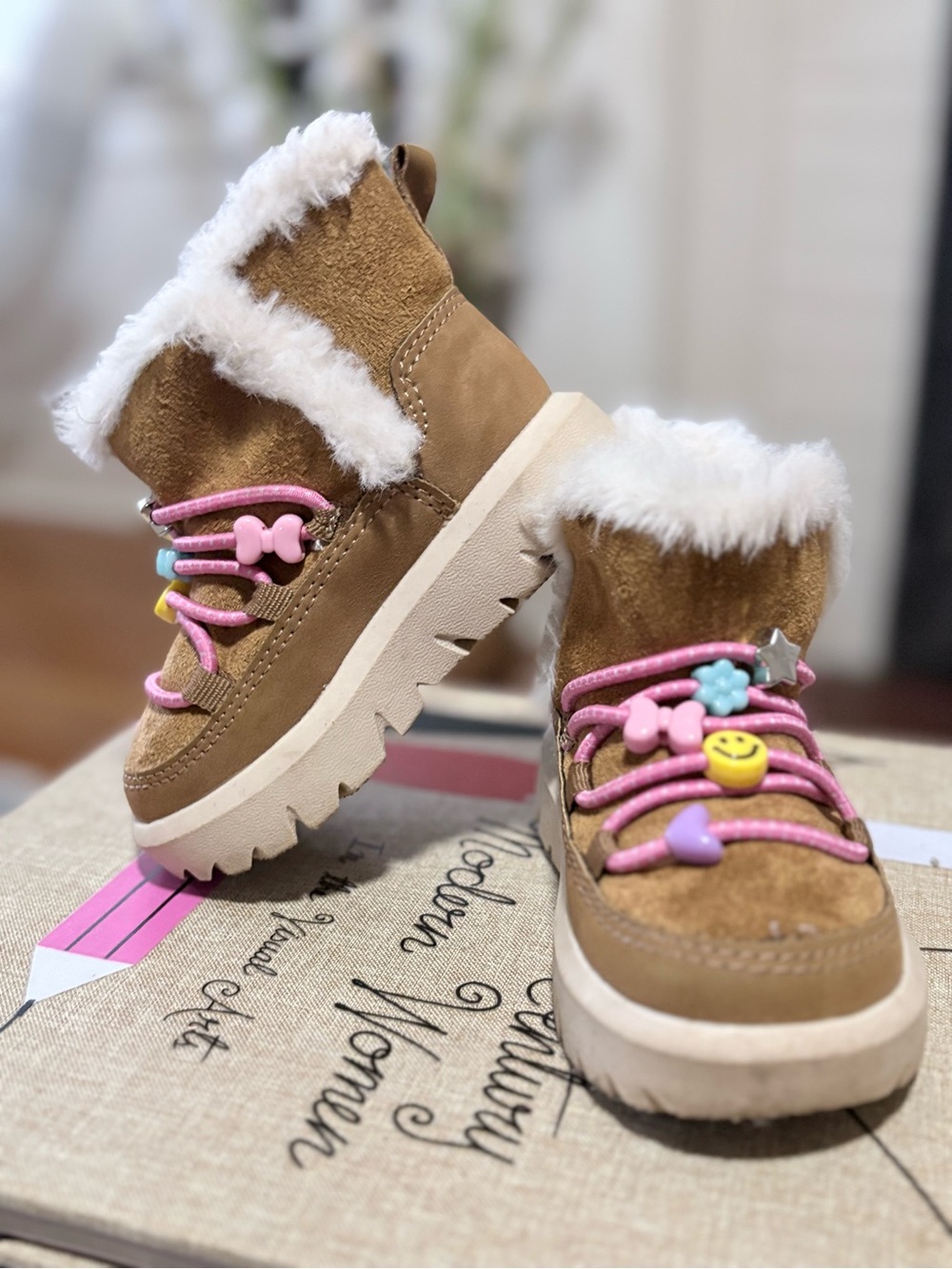 Carter's Tan Faux-Fur Kids Boots with Pink Accent Laces